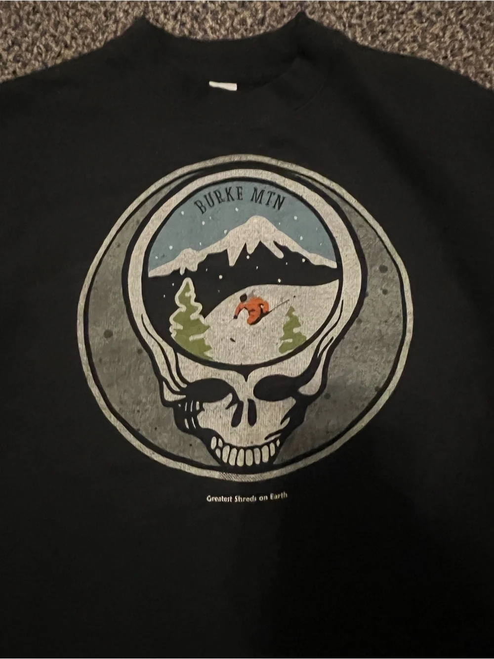 Grateful Dead Black Crewneck Sweater with Burke Mountain Scenic Skull Graphic